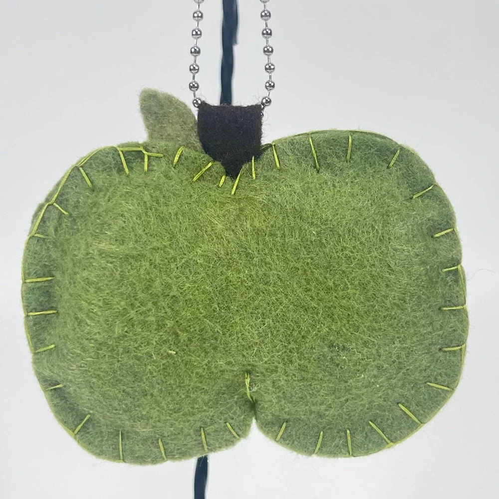 Handmade Green Apple Felt Keychain Cottagecore Fruit Bag Charm Fob Butterfly